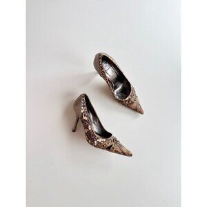 JUST CAVALLI Brown Fabric Snake Leather Pointed Toe High Heel Pumps, Size 37